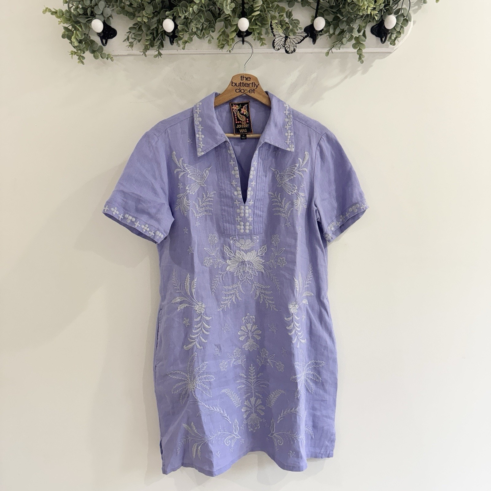 Johnny Was Linen Henley Collared Dress White Floral Embroidery Xs
